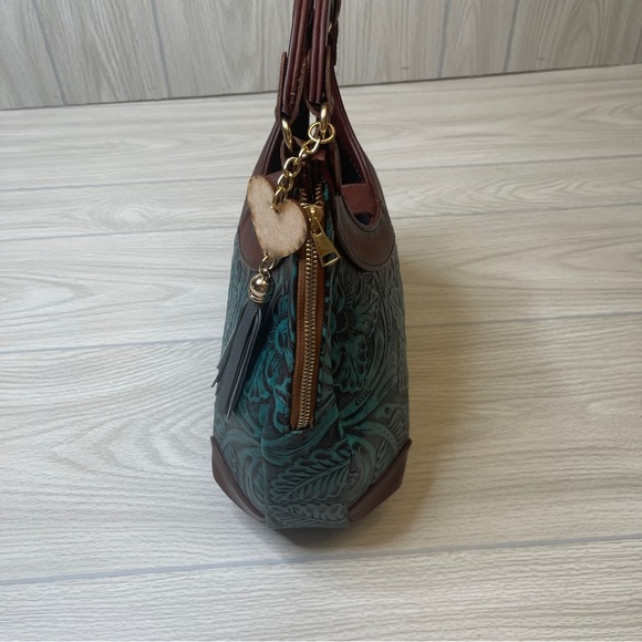 Artesanal Hand Tooled & Painted Vegan Leather Handbag Clutch Brown Turquoise - Picture 7 of 15